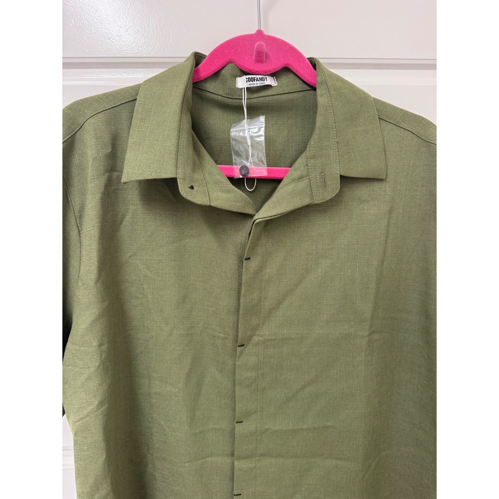 Coofandy Olive Green Linen Blend Short Sleeve Button Up Shirt Large NEW